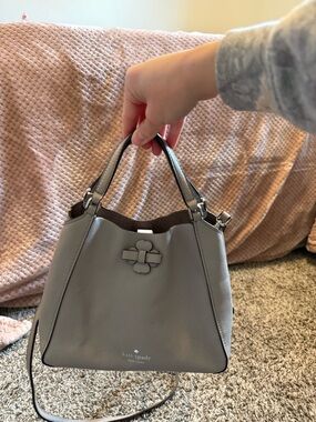 kate spade gray leather shoulder bag with floral charm